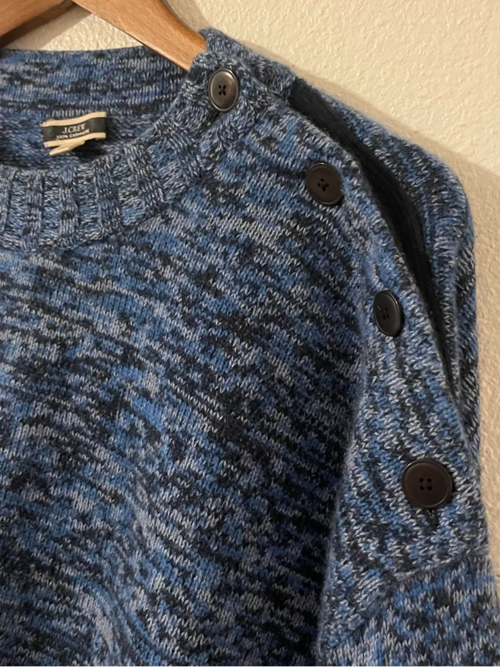 J. Crew 100% Cashmere Women’s XL Blue Marled Button-Shoulder Crewneck Sweater